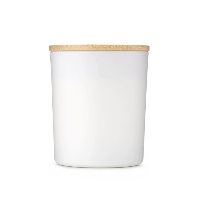 A white ceramic container with a bamboo lid, featuring a minimalist design and a logo on the side.