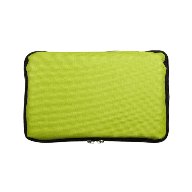 A green cooler bag with a zip closure.