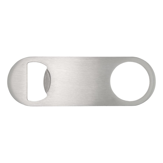 A drink bottle opener in stainless steel with a sleek, minimalist design and a circular opening for gripping.