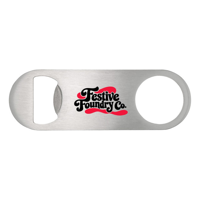 A silver bottle opener with a rounded edge and a logo featuring red and black text.