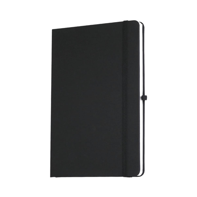 A black A5 journal book with a hardcover and an elastic band closure. It features a logo on the cover.