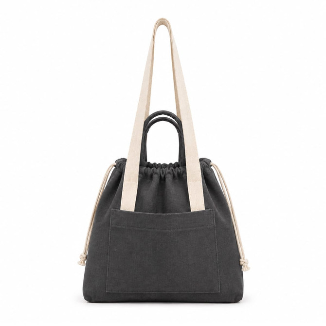 A grey tote bag with long fabric straps, featuring a drawstring closure and a front pocket. It has a simple branding detail.