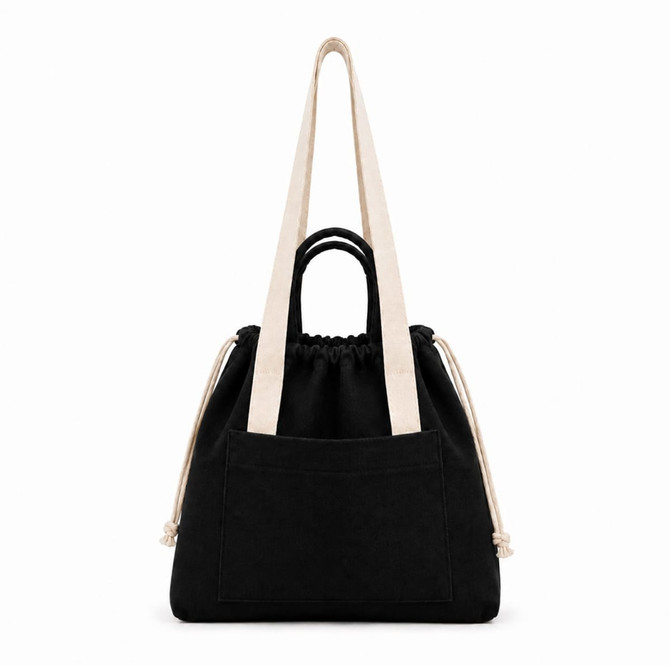 A black tote bag with a drawstring closure, featuring a front pocket and dual straps in a contrasting colour.