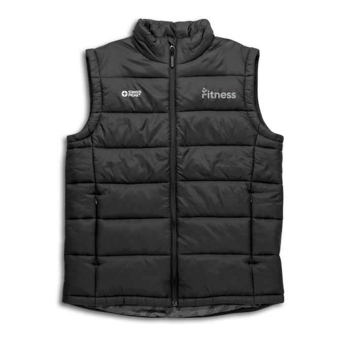 A black unisex puffer vest with a high collar and zip front, featuring branding on the chest.
