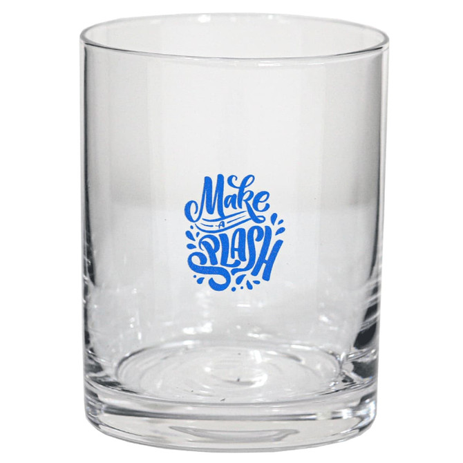 A clear glass tumbler featuring a blue design with the words "Make a Splash". It has a branding logo.