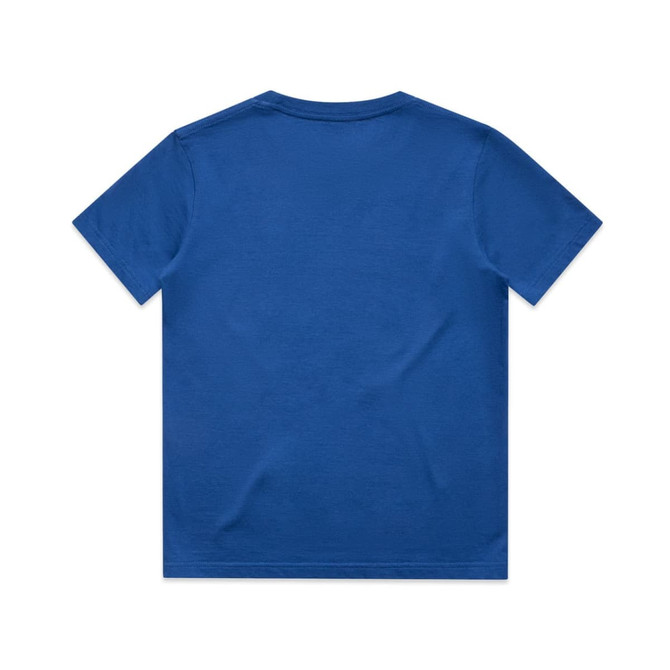 A blue youth t-shirt with a plain back and no visible design elements. It features a logo on the label.