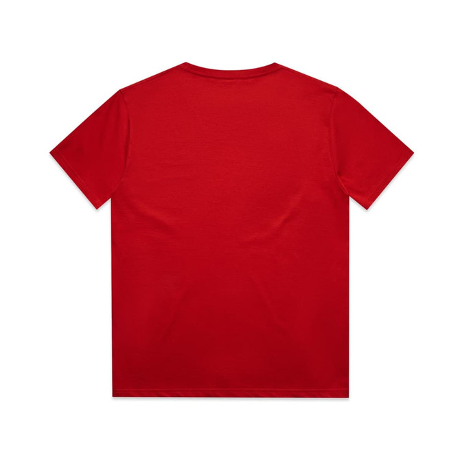 A red kids' T-shirt with a plain back and short sleeves. It features a logo or branding.