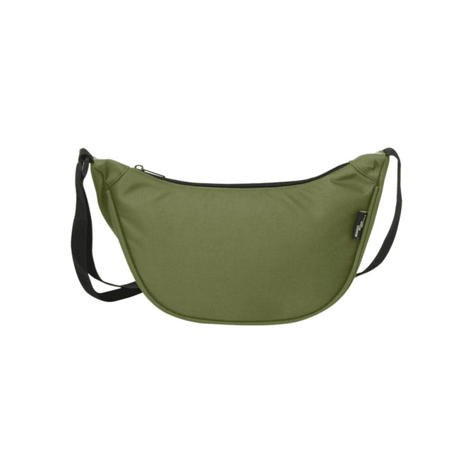 A green recycled waist bag with a zip closure and an adjustable strap, featuring a logo.