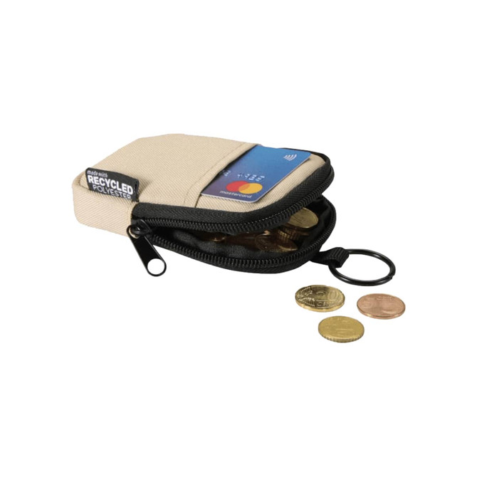 A small beige pouch made from recycled materials, with a zip opening and keyring, containing coins and a card.