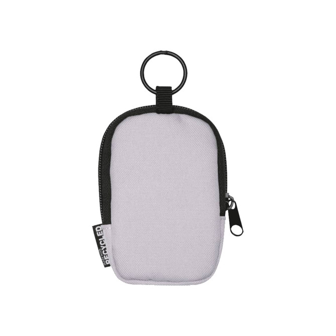 A small pouch in grey with a black zip and loop for attachment, featuring a logo. Made from recycled materials.