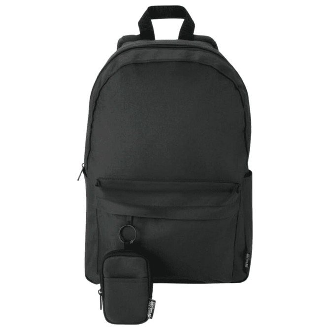 A black backpack with a front pocket and a small pouch attached via a keyring. It features a branding logo.