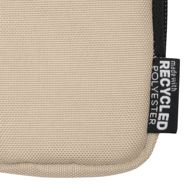 A beige small pouch made with recycled polyester, featuring a zipper and a branding label.