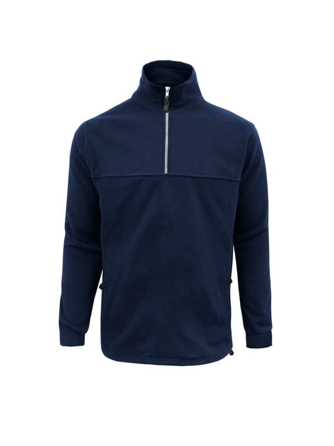 A navy blue men's heavy weight fleece jumper featuring a half zip and side pockets. It has a logo on the front.