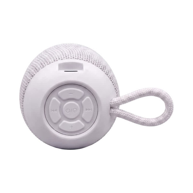 A compact white Bluetooth speaker with a textured surface and control buttons on the front, featuring a loop for easy carrying.