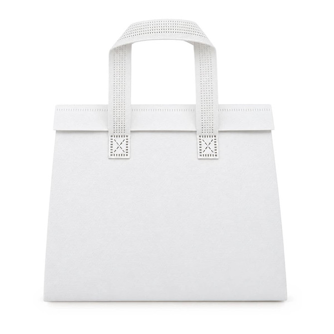 A white cooler bag with two sturdy handles, featuring a simple design and a logo.