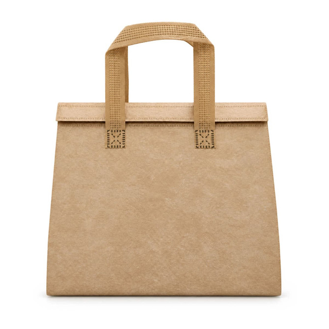 A tan cooler bag with a flat design and two woven handles, featuring a simple and minimalist look.