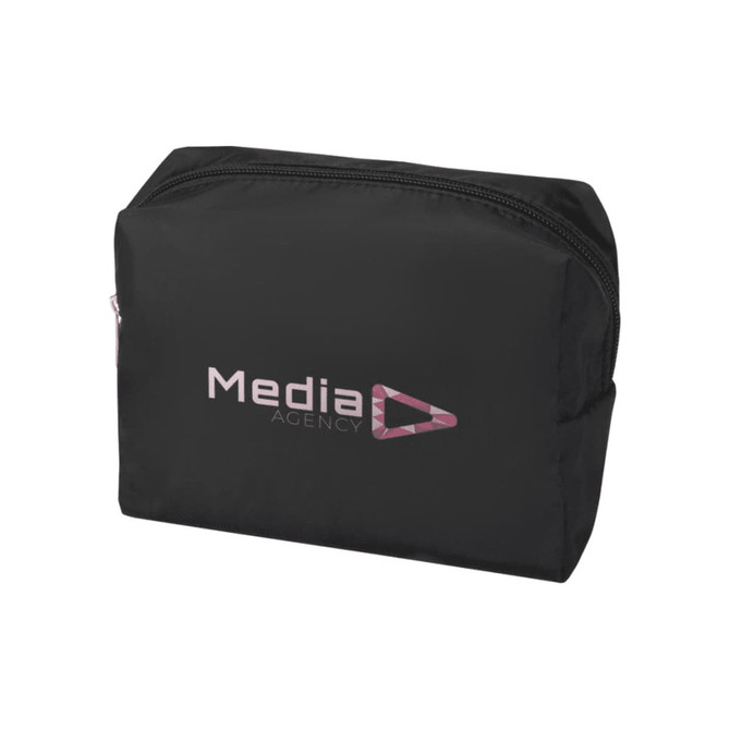 A black toiletry bag with a zip closure and a branding logo on the front.