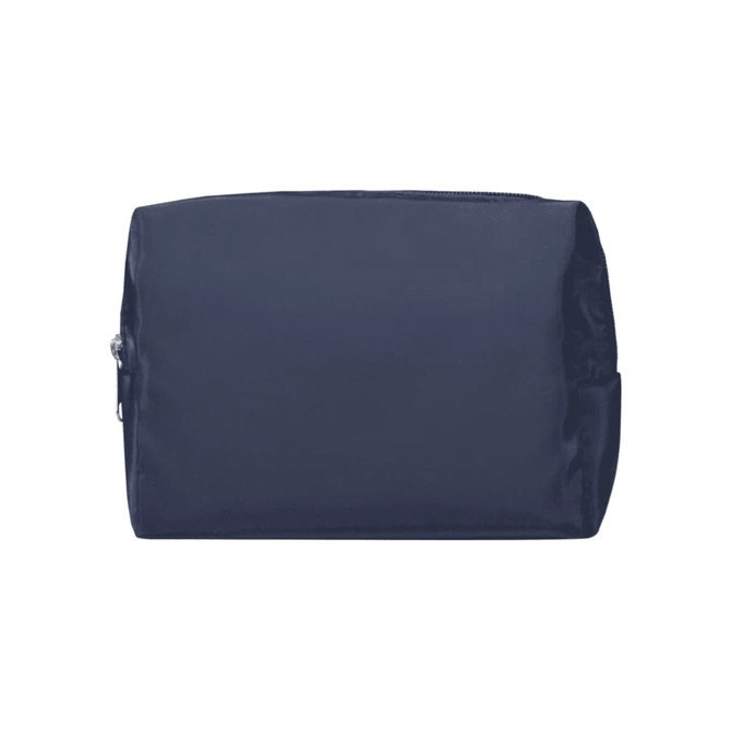 A navy blue toiletry bag with a zip closure and side pocket, featuring a logo.
