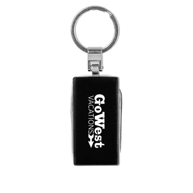 A black multi-tool keyring with a metallic keyring attachment and a logo on the side.