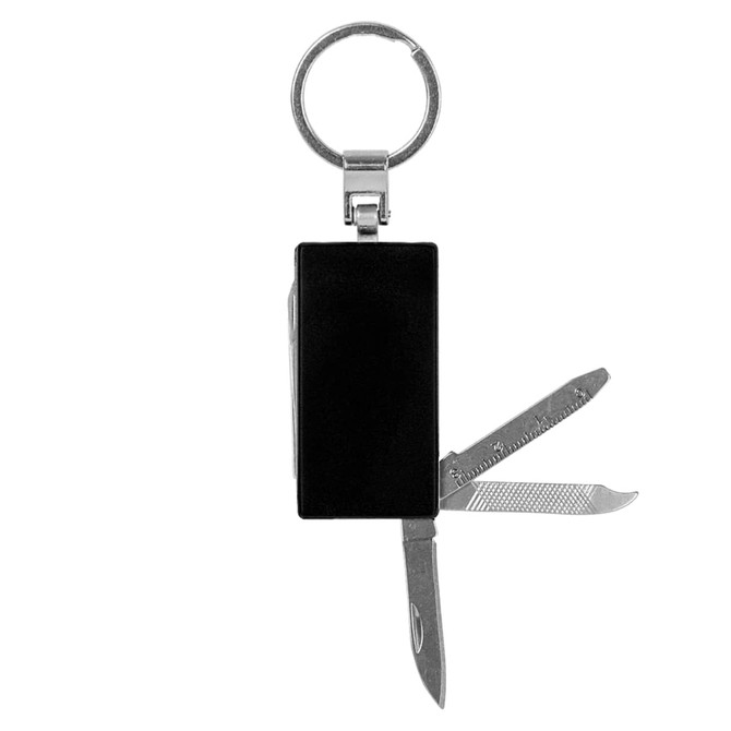A black multi-tool keyring featuring two stainless steel blades and a keyring attachment.