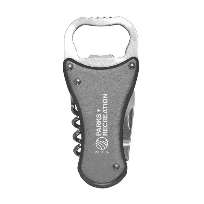 A drink bottle opener in grey featuring a metallic bottle opener, corkscrew, and knife blade, with a logo.