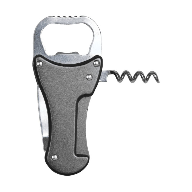A drink bottle opener in metallic silver and black, featuring a bottle opener and a corkscrew. The product has a logo.