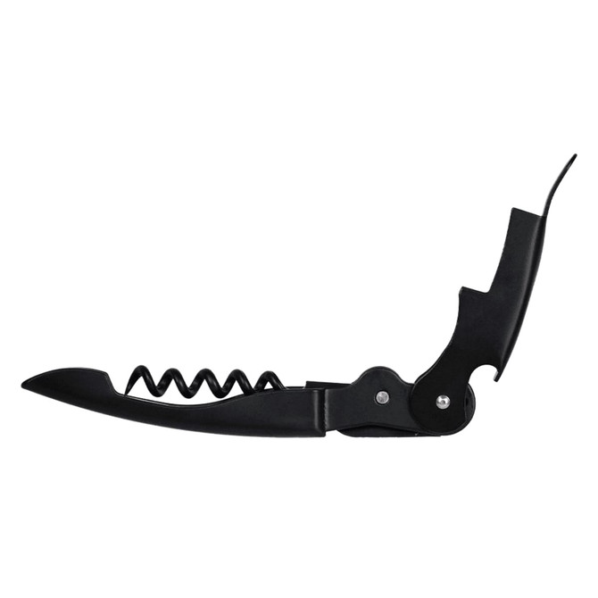 A premium wine waiters knife in black, featuring a corkscrew and a foil cutter. It has a sleek design and a logo.