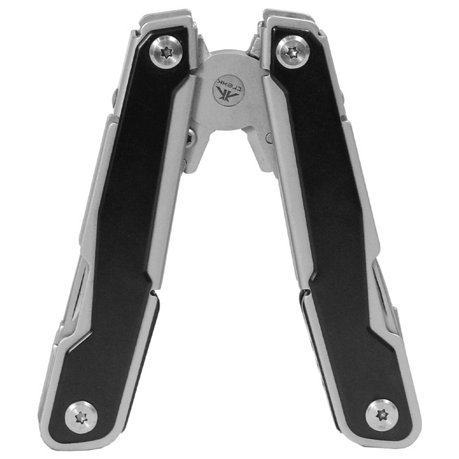 A multifunction tool with a silver and black design, featuring multiple folding components and a central pivot.