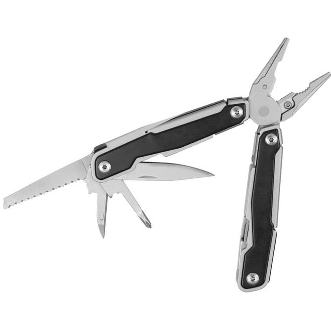 A multifunction tool featuring silver metal and black grips, with pliers, a saw, and various blades.