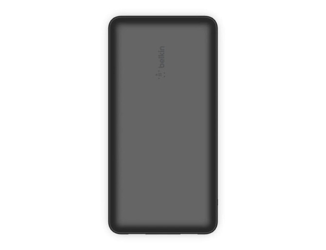 A black power bank with a sleek design, featuring a logo, and a USB cable included.