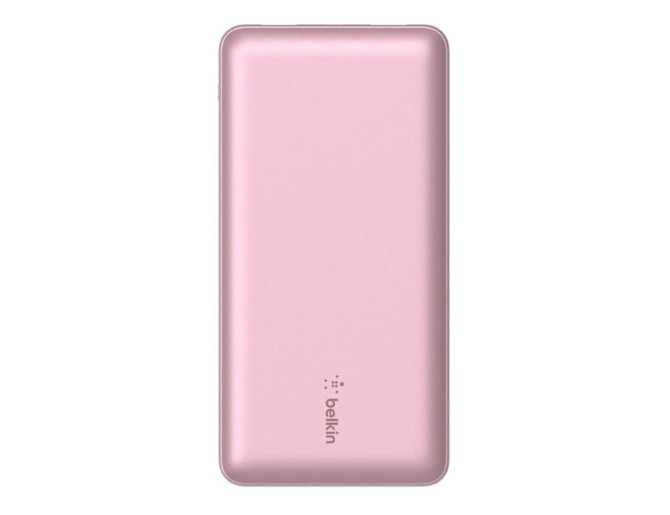 A pink power bank with a sleek design, accompanied by a cable and featuring a brand logo.