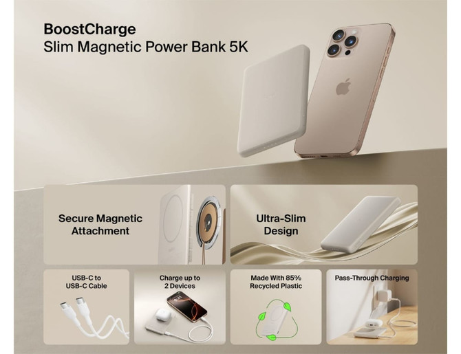 A slim white power bank with a magnetic attachment, designed for charging devices, alongside a smartphone.