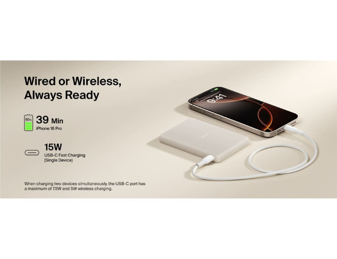 A slim white power bank with a USB-C connection, placed beside a smartphone. The power bank has branding.