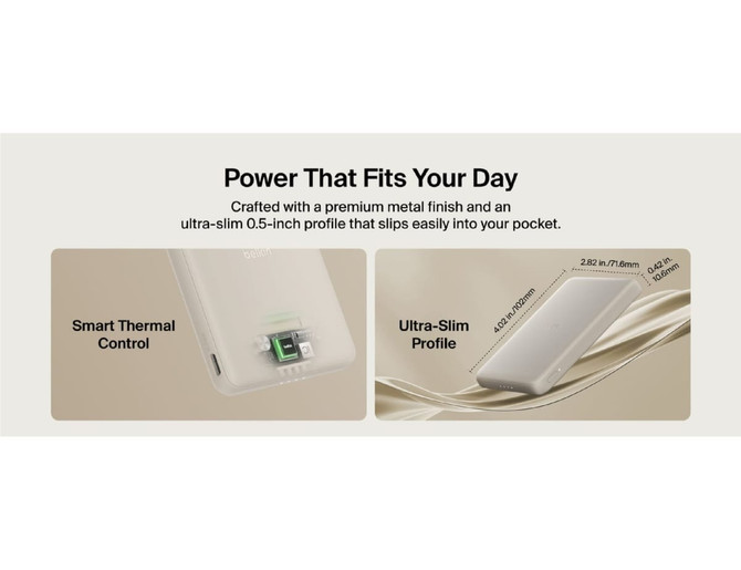 A slim power bank with a premium metal finish, featuring a sleek profile for easy portability. It includes a logo.