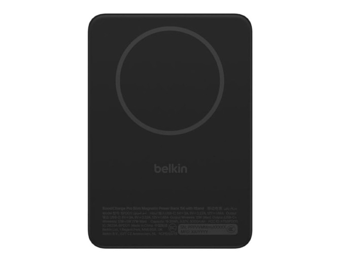 A black slim power bank with a circular charging surface and a branding logo on it.