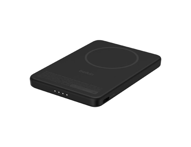 A black slim power bank with a circular charging area and a logo, featuring indicator lights and a USB-C port.