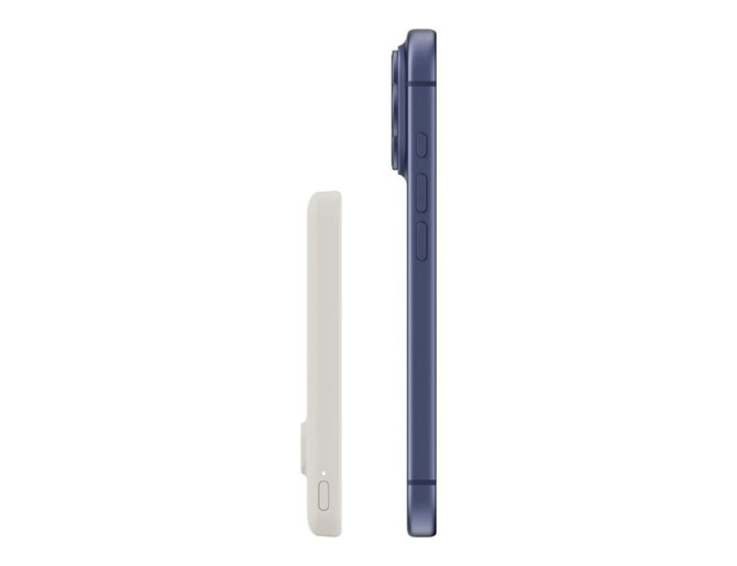 A slim power bank in white and navy blue, featuring a magnetic design and a minimalist profile. It has a logo.