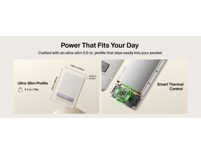 A slim white power bank with an ultra-slim profile, featuring a visible internal component and a logo.