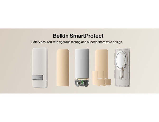 A slim, beige power bank with components displayed, featuring a sleek design and a branding logo.