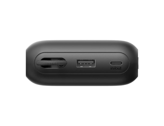 A black power bank with a USB port, a USB-C port, and an integrated cable on one side.