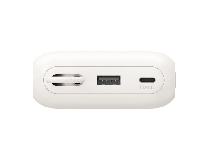 A white power bank with integrated cable, multiple ports, and a branding logo.