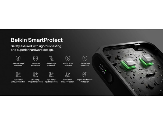 A power bank with a black exterior, featuring a display and integrated cable. It includes safety protection features.