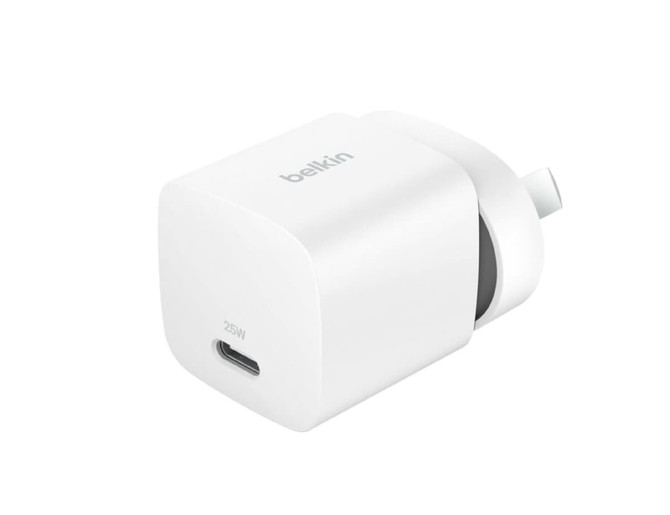 A white 25W wall charger with a USB-C port, featuring a smooth, minimalistic design and a brand logo.