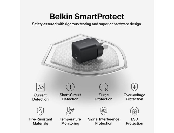 A black wall charger with a compact design, featuring a logo and arranged on a light background.