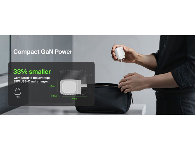 A compact white dual USB-C wall charger held above a black pouch, featuring a simple design and a branding logo.