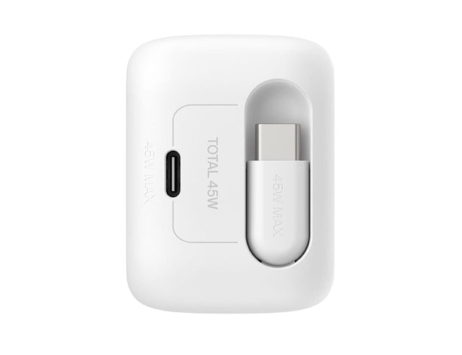 A compact white wall charger with a retractable USB-C cable, featuring a logo and a maximum output of 45W.
