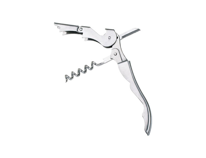 A stainless steel waiter's corkscrew with a lever and spiral corkscrew design. The product features a branding logo.