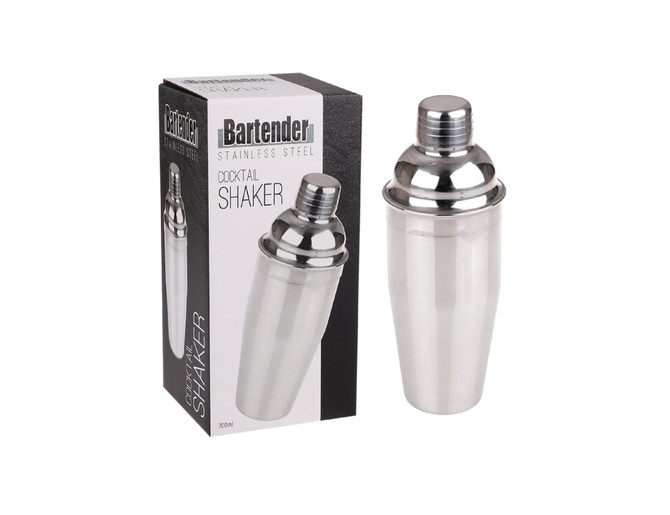 A stainless steel cocktail shaker with a shiny finish, presented alongside its packaging.