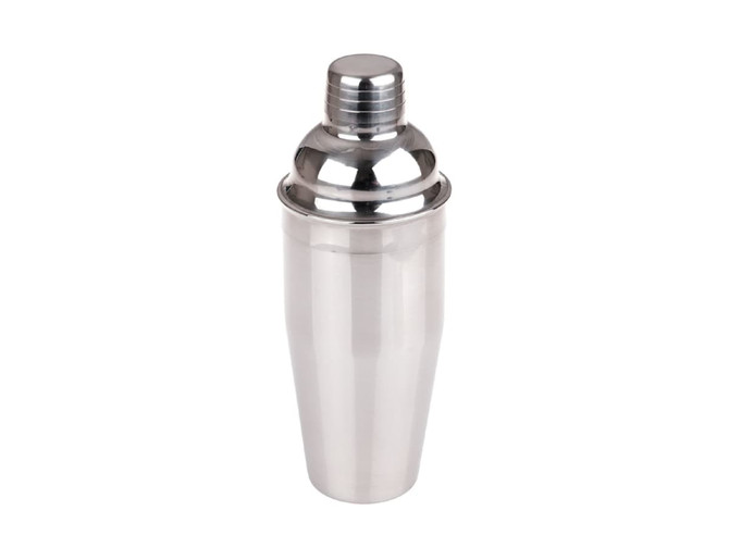 A drink bottle in a sleek silver finish, featuring a classic cocktail shaker design with a lid and logo.
