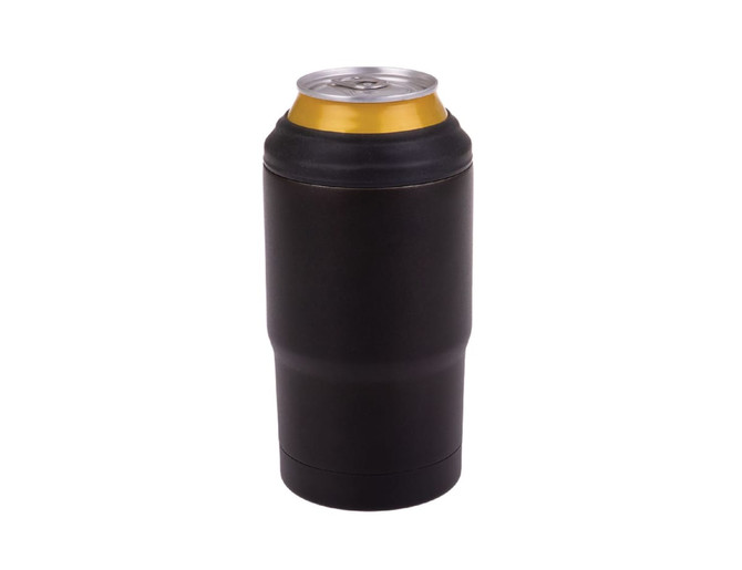 A drink bottle with a sleek black design and a metallic gold top, featuring a logo.